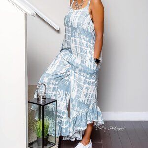 NEW Japna Slate/White Tie Dye Wide Ruffle Hem Leg Sleeveless Jumpsuit SMALL